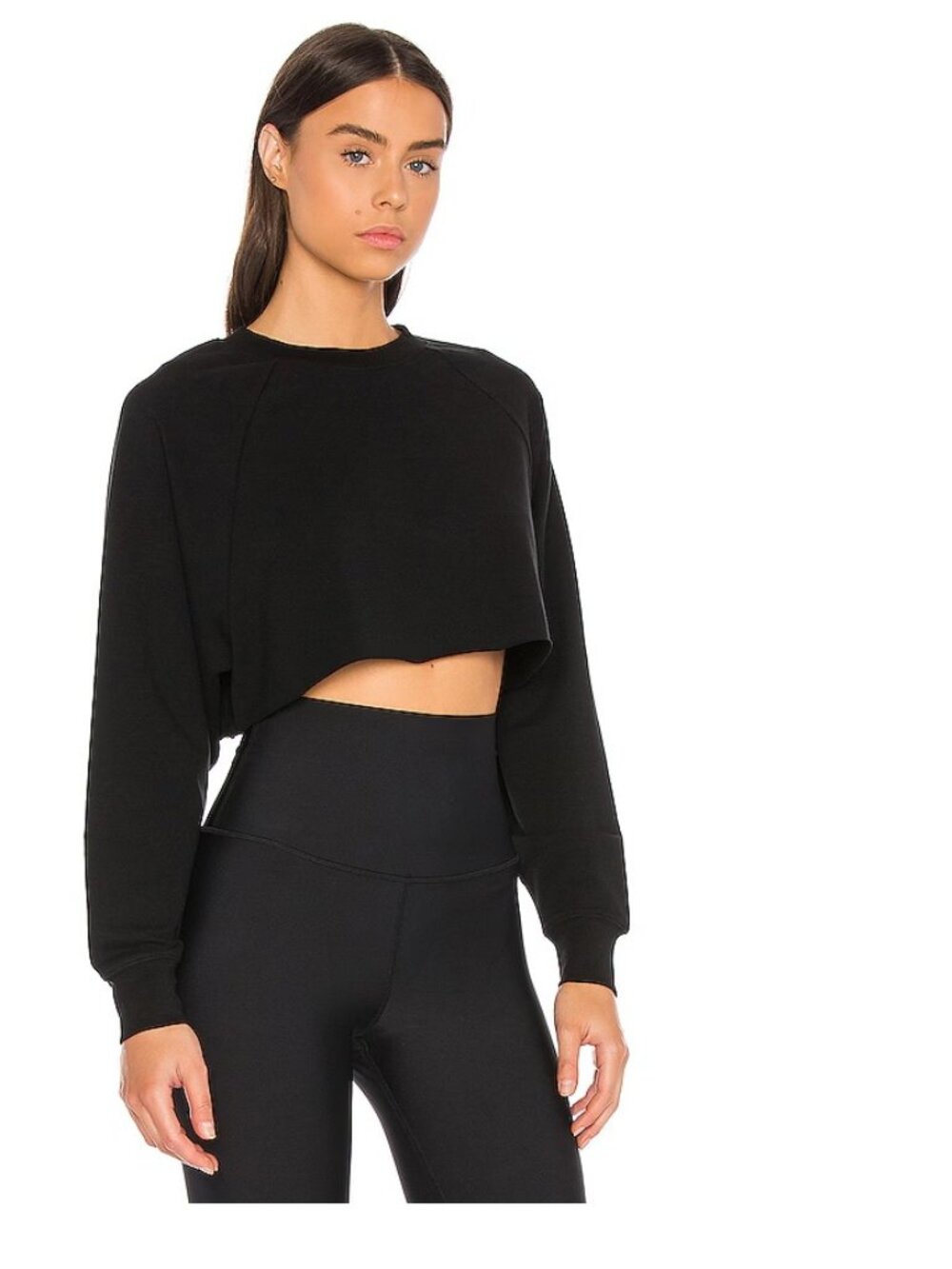 Alo Yoga Double Take Pullover Black Ultra Cropped Sweatshirt XS Raglan Sleeves
